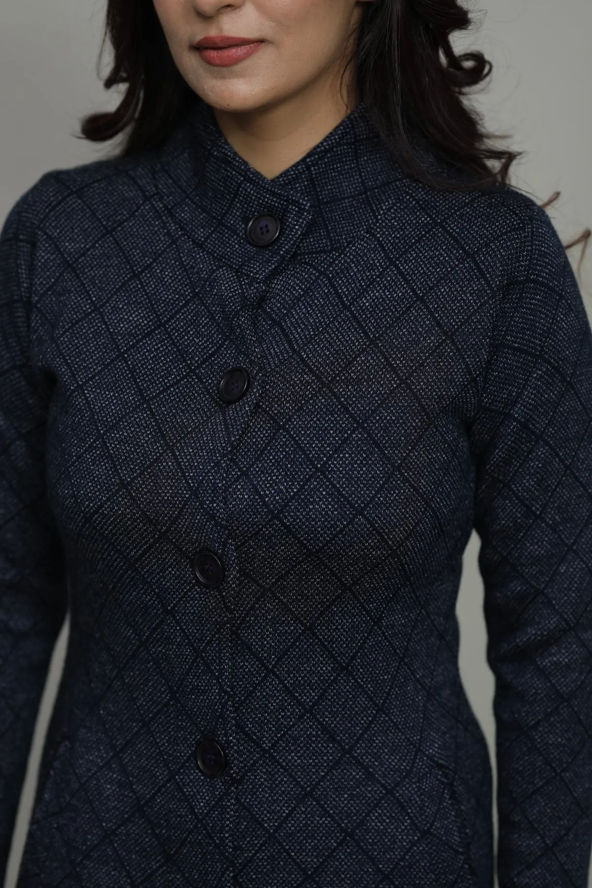 Woolen Check Winter Long Coat With Front Buttons