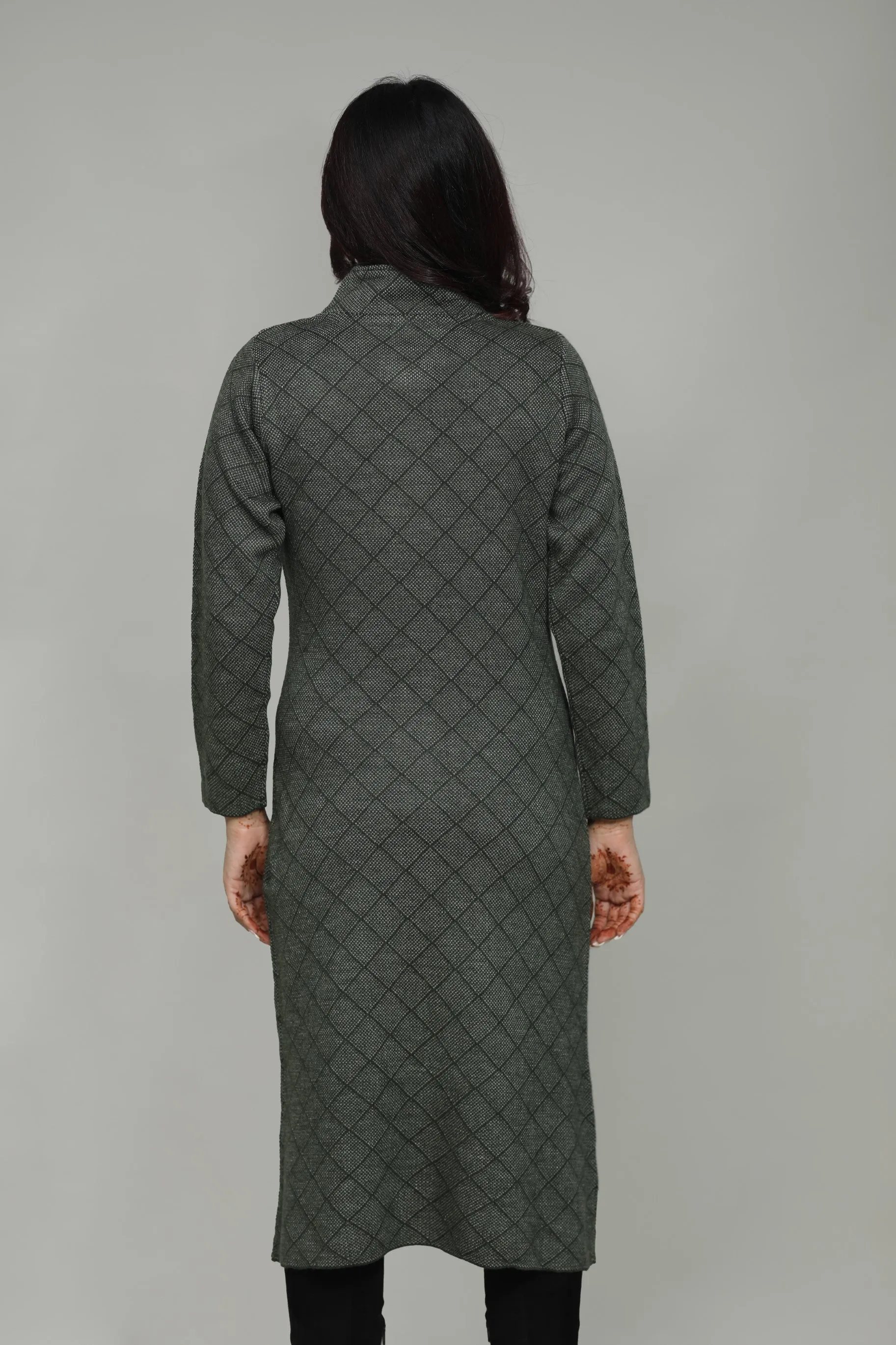 Woolen Check Winter Long Coat With Front Buttons