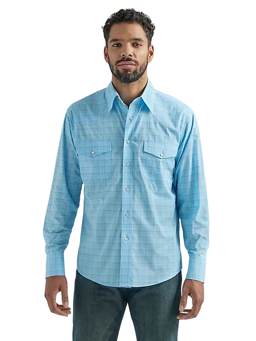 Wrangler Mens Blue Plaid Wrinkle Resist Snap Shirt