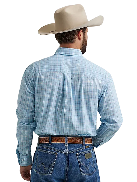 Wrangler Men's George Strait Long Sleeve Button Down Plaid Baby Blue Shirt