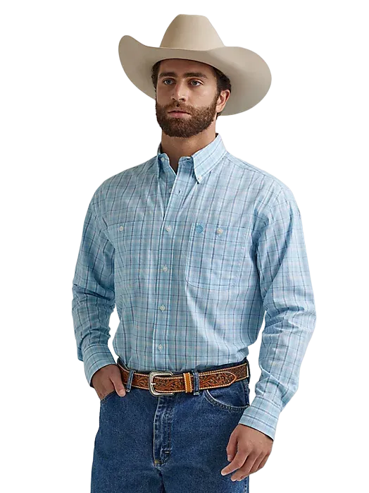 Wrangler Men's George Strait Long Sleeve Button Down Plaid Baby Blue Shirt