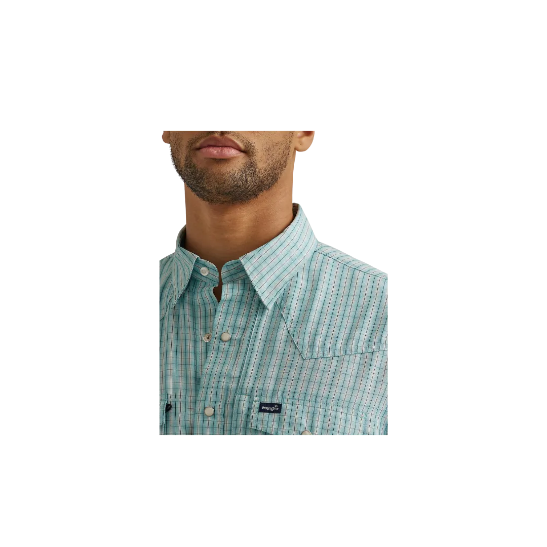 Wrangler Men's Performance Snap Short Sleeve Plaid Sky Blue Shirt