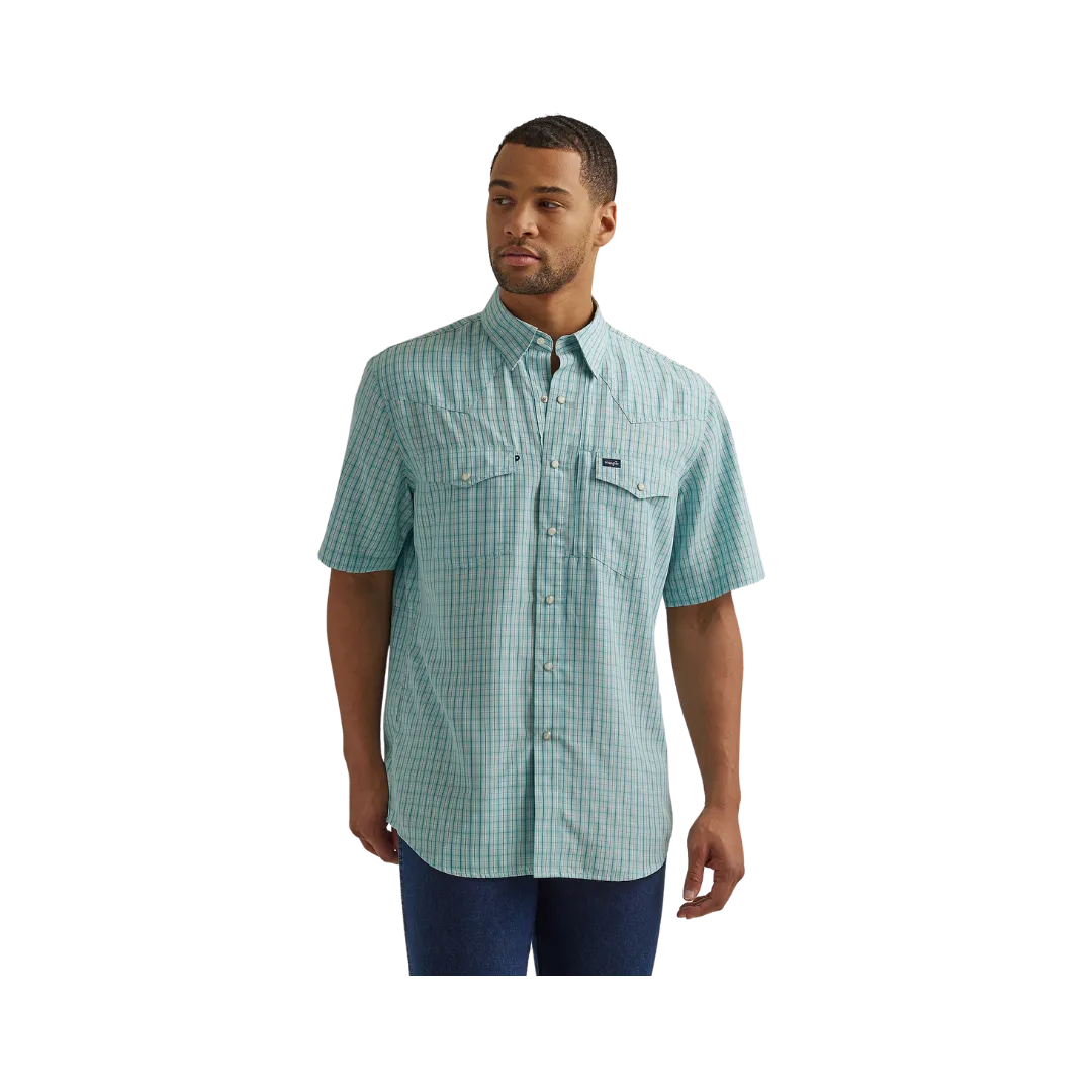 Wrangler Men's Performance Snap Short Sleeve Plaid Sky Blue Shirt