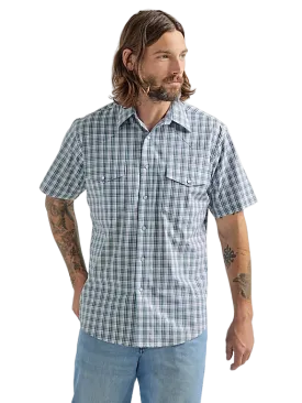 Wrangler Men's Wrinkle Resist Short Sleeve Western Snap Plaid Gray Blue Shirt