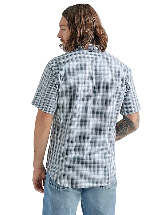 Wrangler Men's Wrinkle Resist Short Sleeve Western Snap Plaid Gray Blue Shirt